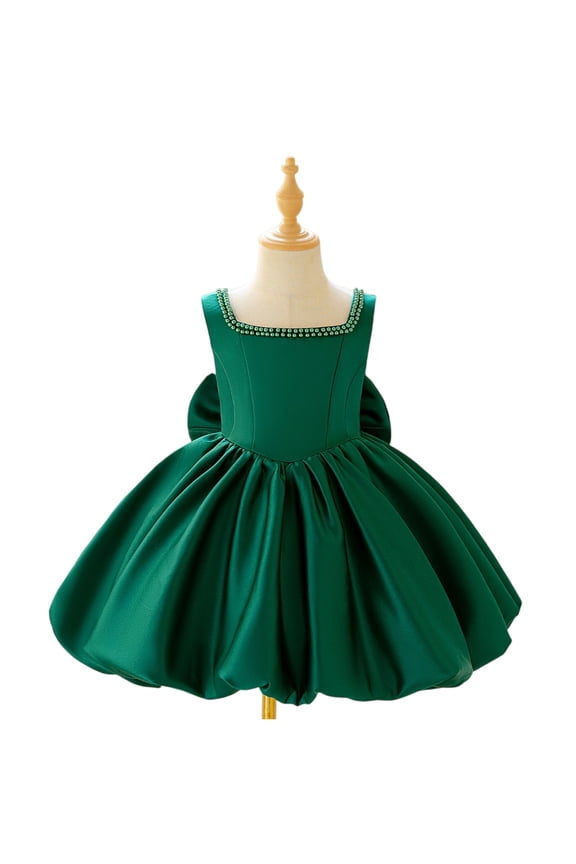 Lavender Flower Girl Pageant Dress: Satin Ruffle Tulle Wedding Tutu, Toddler Ceremony Dress with White Bow Details Dark Green 110