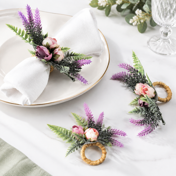 Lavender Flower Napkin Rings Set of 4 Farmhouse Style Table Decor