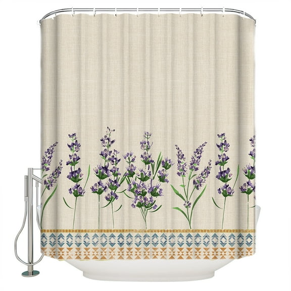Lavender Flower Shower Curtain, 48" x 72", Purple Floral Boho Beige Style Waterproof Bathroom Curtain Washable Shower Curtain Set with 12 Hooks