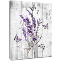 Lavender Flower Wall Art Purple Butterfly with Floral Wooden Framed Canvas Prints Grey Rustic Vertical Wall Decor Poster for Bathroom Living Room Bedroom Kitchen Office,8Wx10L inch