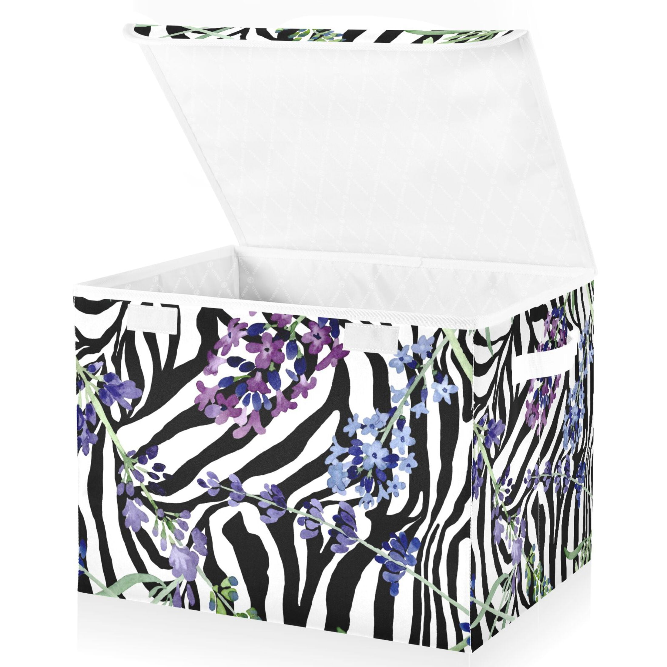 Lavender Flowers Black Zebra Stripe Large Lidded Storage Bin Foldable lavender-flowers-black-zebra-stripe-large-lidded-storage-bin-foldable