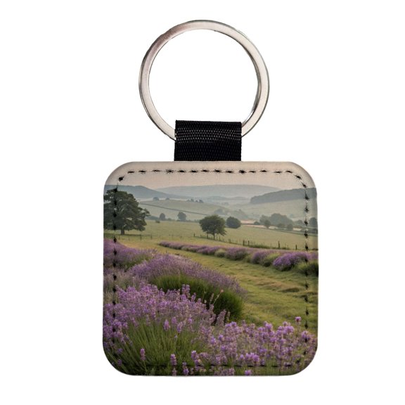 Lavender Flowers Field Faux Leather Square Keychain