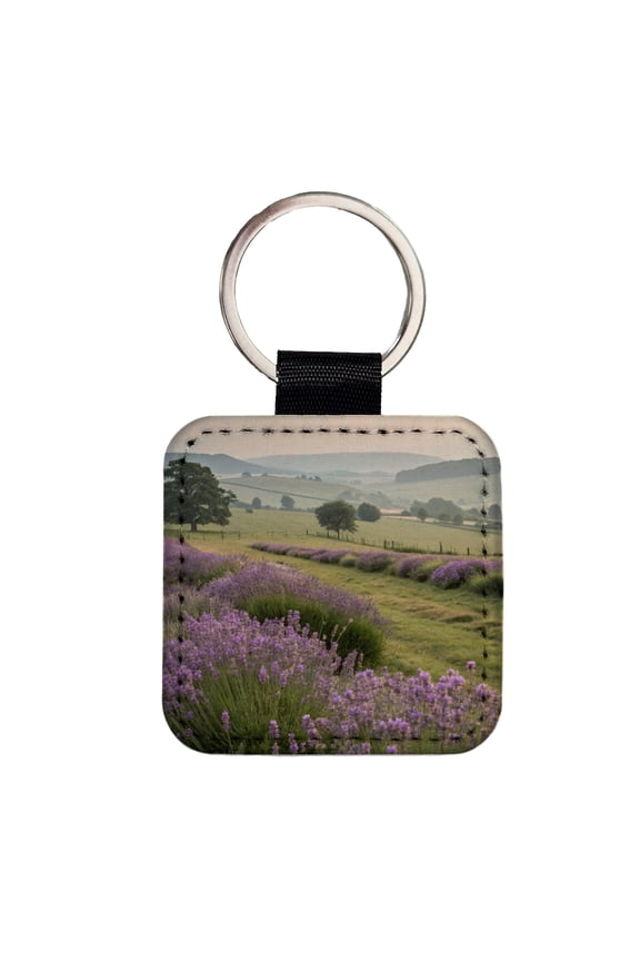 Lavender Flowers Field Faux Leather Square Keychain