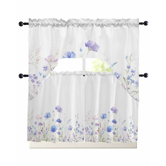 Lavender Flowers Kitchen Curtains Sets 24 Inch Length with Valance, Spring Blooms Botanicals Garden Floral Swag Valances and Tiers Curtain Set Drapes Swag Curtains for Living Room, Bathroom, Bedroom