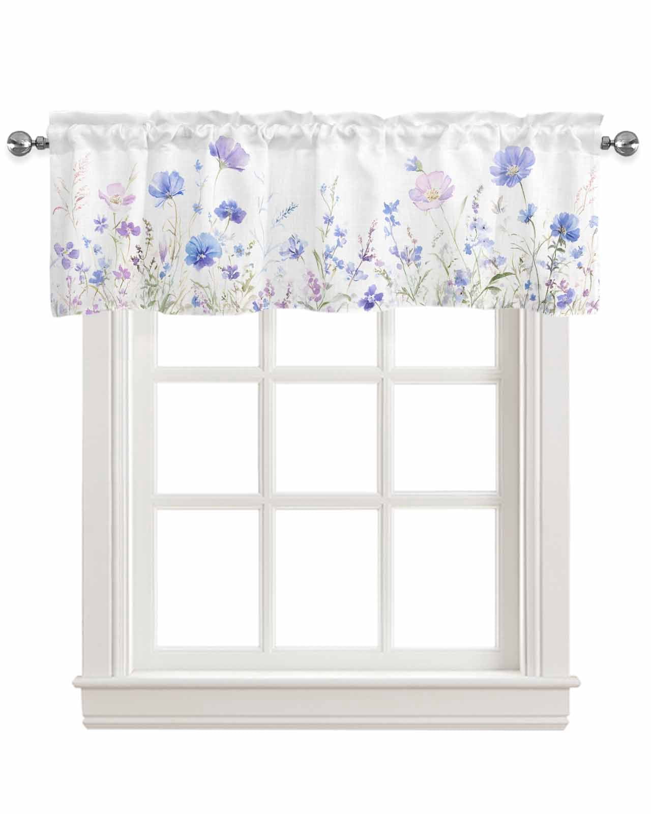Lavender Flowers Kitchen Valances for Windows Farmhouse Linen Window Valance Curtain for Living Room Window Treatment Spring Blooms Botanicals Garden Floral Valance Rod Pocket Topper, 60 x 18 Inch