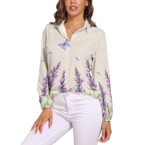 Lavender Flowers Long Sleeve Blouse Woman Streetwear Casual Shirts Summer Oversize Woman Streetwear Clothing Birthday Present