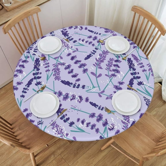 Lavender Flowers Pattern Purple Round Fitted Tablecloth with Elastic Protector Table Kitchen Dinner Waterproof Oil-Proof Table Covers Fits 40"-44", Small
