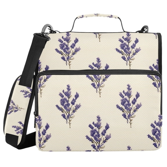 Lavender Flowers Pixel Style Binder Bag with Shoulder Strap 3 Ring Zipper Binder File Folder Document Storage