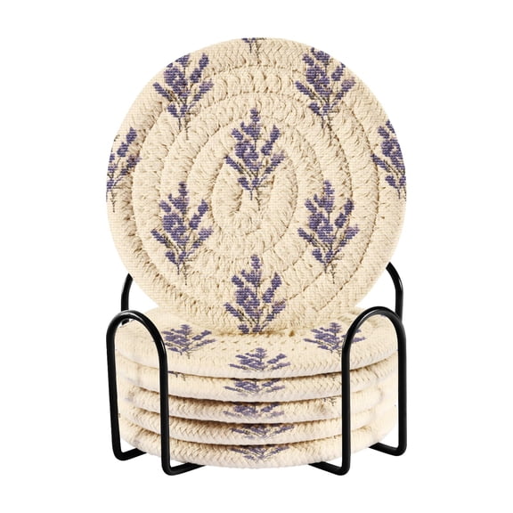 Lavender Flowers Pixel Style Drinking Coasters Cup Mat with Holder for Kitchen Cafe Bar 6 Packs