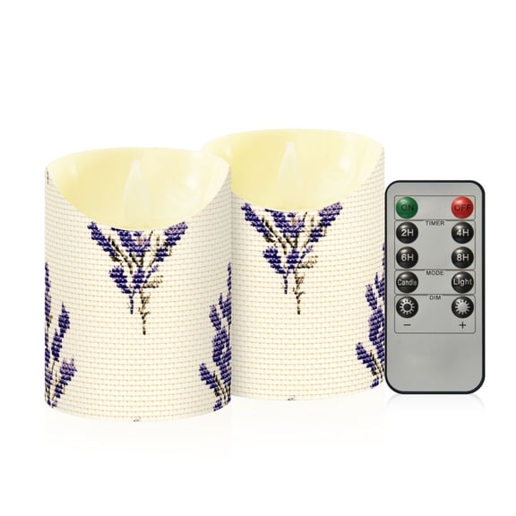 Lavender Flowers Pixel Style Flickering Flameless Candles with Remote Timer Battery Operated LED Tealight Set of 2 M