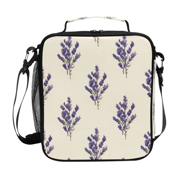 Lavender Flowers Pixel Style Insulated Lunch Bag Reusable Lunch Box Lunch Container with Straps