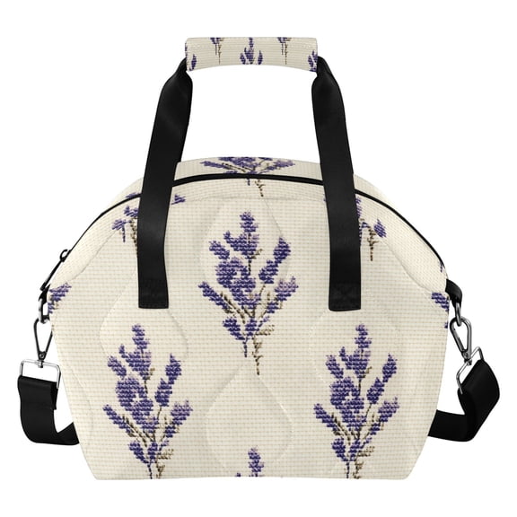 Lavender Flowers Pixel Style Insulated Lunch Bag Reusable Quilted Lunch Box Waterproof Leakproof Lunch Container