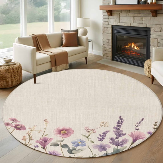 Lavender Flowers Round Area Rug 7 FT, Non Slip Living Room Area Carpet, Spring Watercolor Blooms Botanicals Washable Soft Circular Rug Non-Shedding Floor Carpet for Bedside Office Play Room Classroom