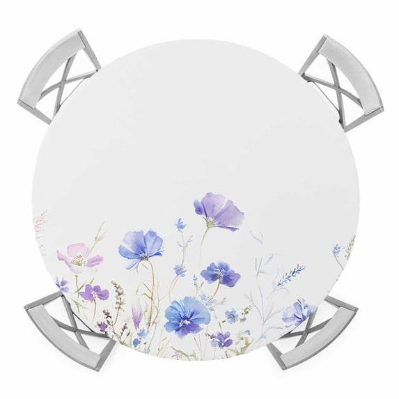 Lavender Flowers Round Tablecloth for 55-60 Inch Tables,Fitted Table Cover with Elastic Edge,Spring Blooms Botanicals Garden Floral Waterproof Outdoor Table Cloth Protector for Patio Garden Dinner