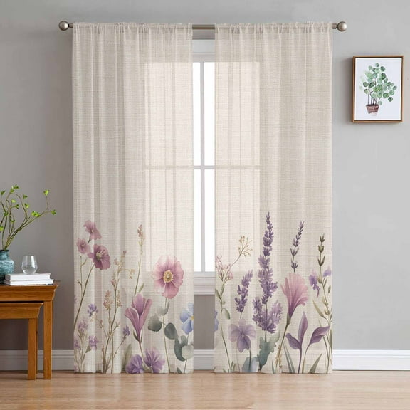 Lavender Flowers Sheer Curtains 72 Inches Long 2 Panels Set, Window Sheer Curtains for Living Room/Bedroom, Spring Watercolor Blooms Botanicals Light Filtering Rod Pocket Curtain 52'' x 72'' x 2