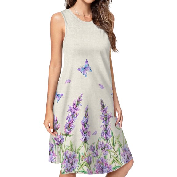 Lavender Flowers Spring Summer Dresses For Women Fashion Dress Casual Sleeveless Loose Sundress With Pockets