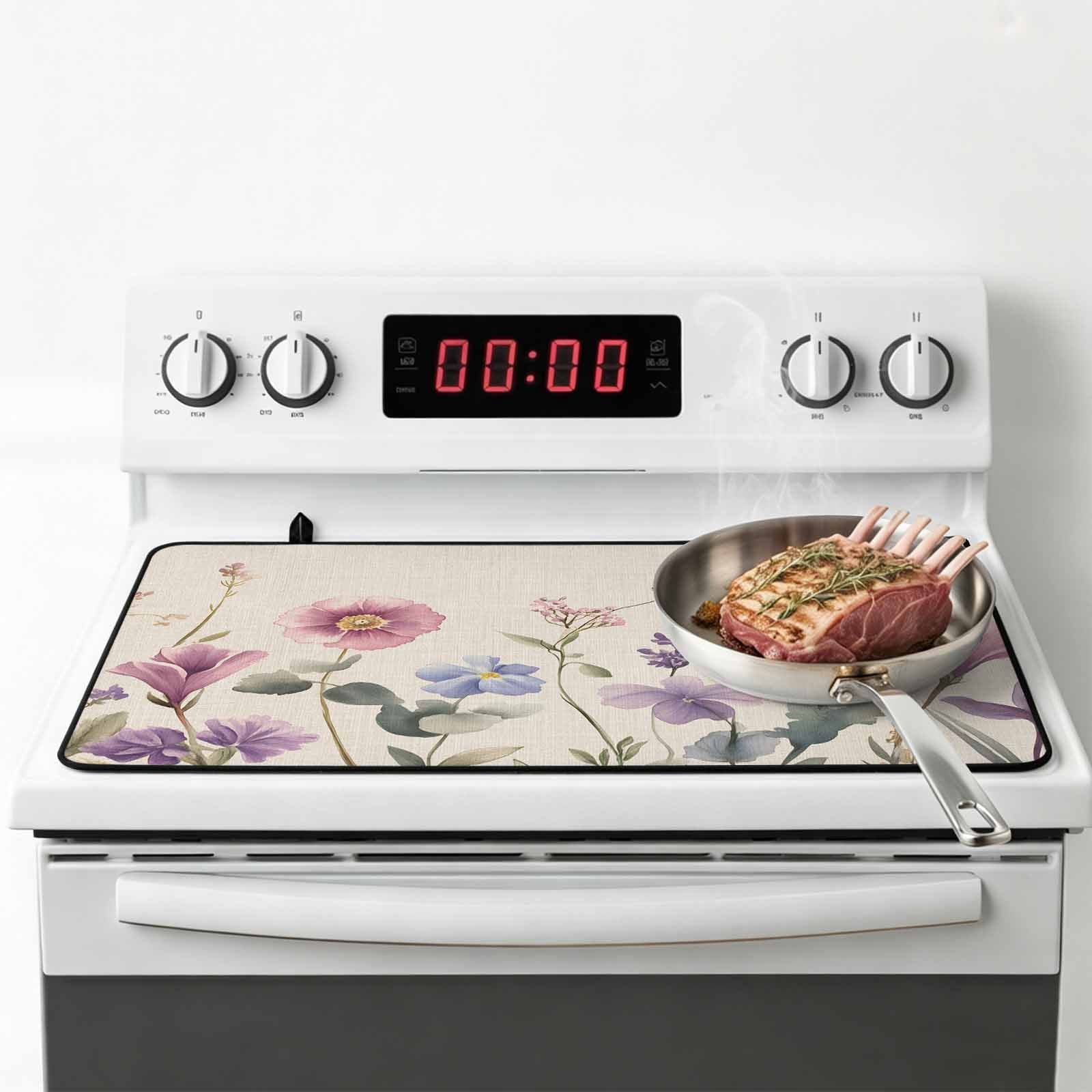 Lavender Flowers Stove Top Cover for Electric Stove, Heat-proof & Non Slip Glass Top Stove Cover Protector, Spring Watercolor Blooms Botanicals Kitchen Flat Cooktop Rubber Mat 24x21 Inches