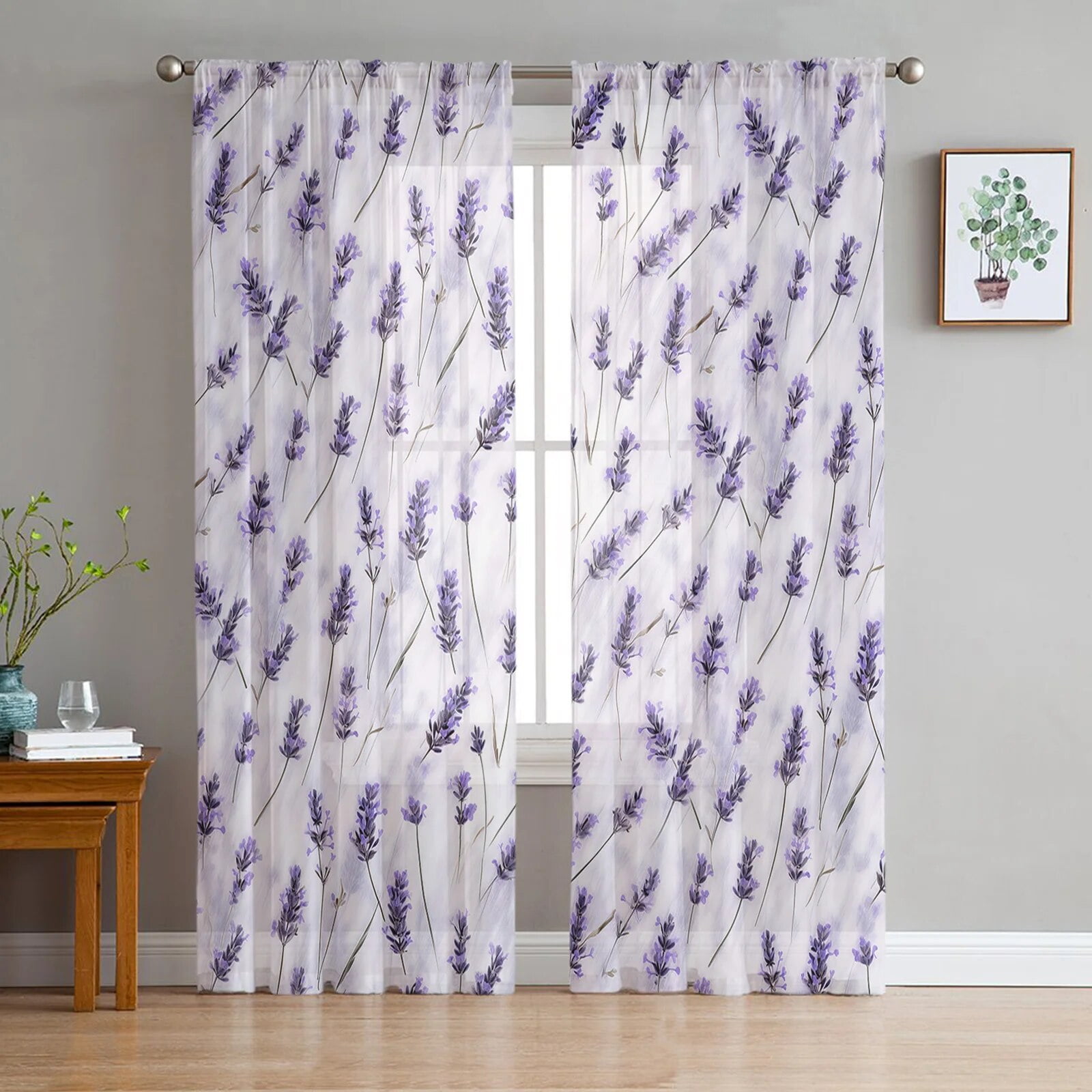 Lavender Flowers Watercolor Sheer Voile Curtain for Living Room Bedroom Kitchen Window ...