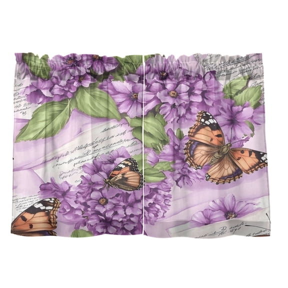 Lavender Flowers and Butterflies 27"x36" Linen Look Cafe Curtain Set with Privacy and UV Protection