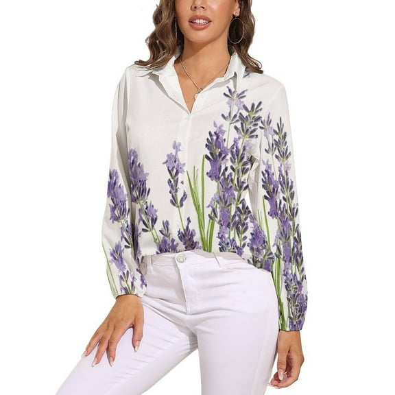 Lavender Flowers on White Background Long Sleeve Blouse Woman Streetwear Casual Shirts Summer Oversize Woman Streetwear Clothing Birthday Present