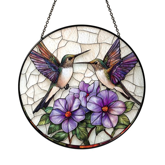 Lavender Flowers with Flying Birds Suncatcher – Stained Glass Style Window Hanging Decor