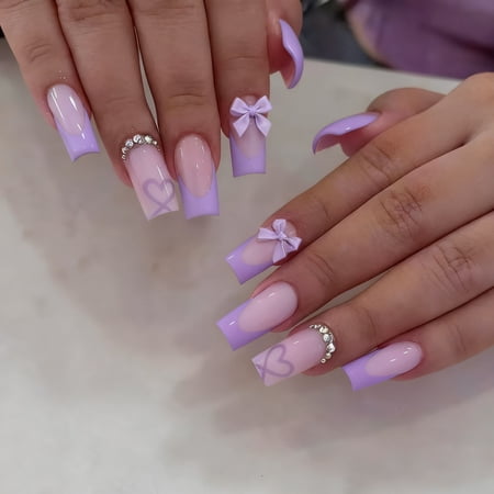 Lavender French Tip Press on Nails Long Square Fake Nails 3D Bow Rhinestone Heart Design Glossy Finish Full Cover Adhesive Press Ons Acrylic False Nails Artificial Nail Tips for Date Night 24 Pcs