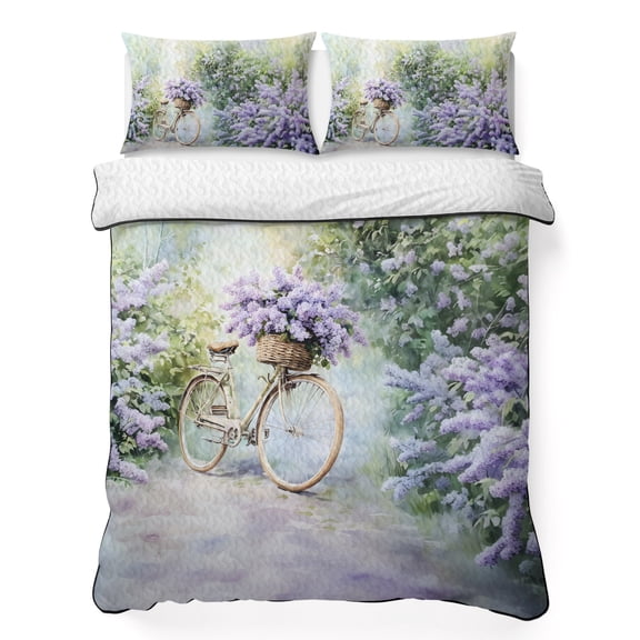 Lavender Full Quilt Bedding Set, Bicycle Pastoral Floral Lightweight Comforter with 2 Pillow Shams Bedroom Bedspread Set Home Decor for All Seasons