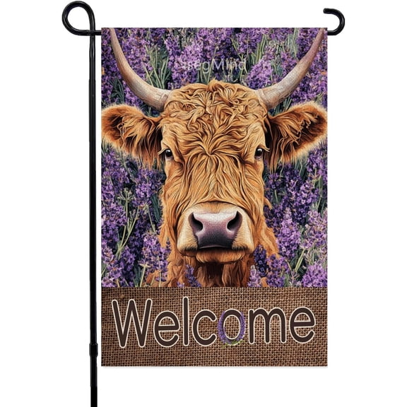 Lavender Garden Flag Spring Summer Floral Welcome Highland Cow Garden Flag 12x18 Inch Double Sided Outside, Seasonal Farmhouse Yard Outdoor Yard Flag (3181)