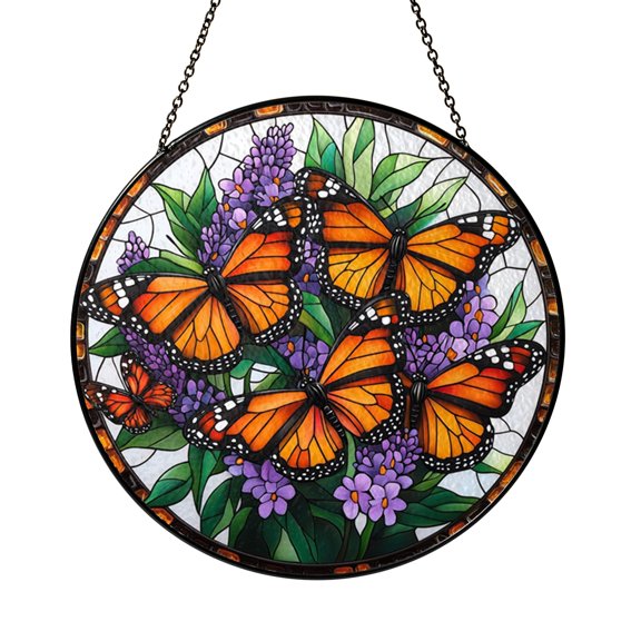 Lavender Garden Monarch Butterfly Stained Glass Window Suncatcher, Peaceful Nature Hanging Decor