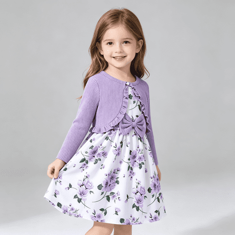 Lavender Girls 2-Piece Floral Sleeveless Dress and Ruffled Cardigan Set,Size 3-4T