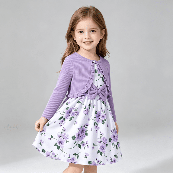 Lavender Girls 2-Piece Floral Sleeveless Dress and Ruffled Cardigan Set,Size 3-4T