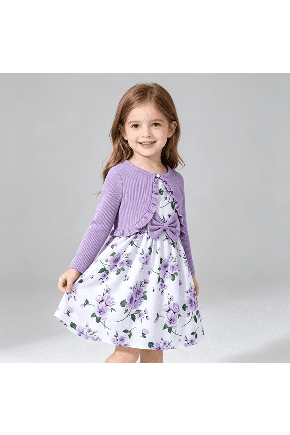 Lavender Girls 2 Piece Floral Dress and Ruffled Cardigan Set,Easter Party Church Outfit,Spring Church Dress,Size 4-5T