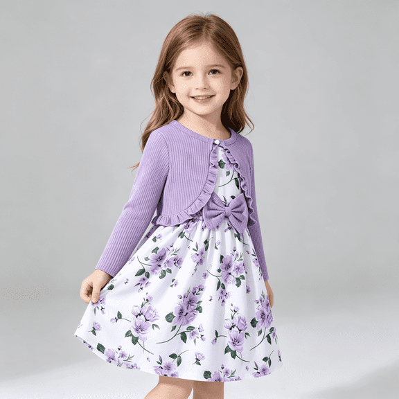 Lavender Girls 2-Piece Floral Sleeveless Dress and Ruffled Cardigan Set,Size 4-5T