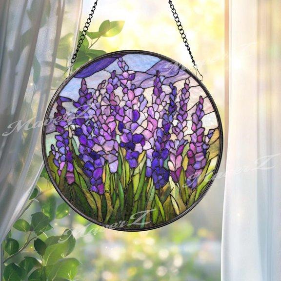 Lavender Glass Suncatcher, Round Purple Floral Window Hanging, Blooming Field Art Decor, 3.5 in