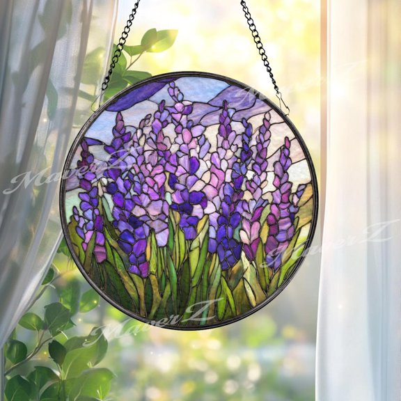 Lavender Glass Suncatcher, Round Purple Floral Window Hanging, Blooming Field Art Decor, Handmade Glass Gift For Home, Suncatcher Window Hanging, 3.5 in