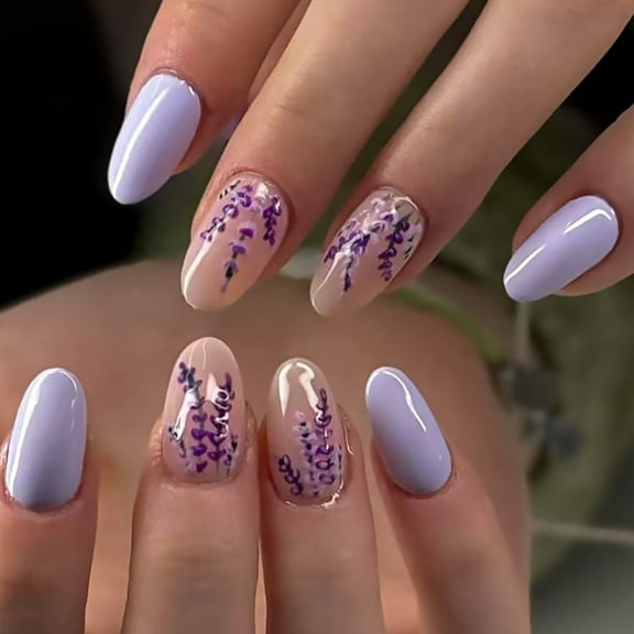Lavender Glossy Press On Nails 24Pcs Short Oval Winter Manicure Set Holiday Party Essentials