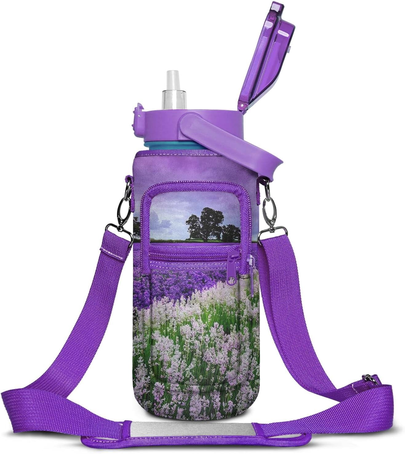 Lavender Half Gallon Water Bottle with Sleeve - BPA Free Water Bottle 64 OZ - with Time Marker Leakproof Water Jug - Motivational Workout Water Bottle for Office Gym Outdoor Hiking Travel