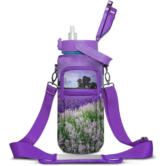Lavender Half Gallon Water Bottle with Sleeve - BPA Free Water Bottle 64 OZ - with Time Marker Leakproof Water Jug - Motivational Workout Water Bottle for Office Gym Outdoor Hiking Travel