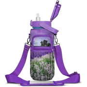 Lavender Half Gallon Water Bottle with Sleeve - BPA Free Water Bottle 64 OZ - with Time Marker Leakproof Water Jug - Motivational Workout Water Bottle for Office Gym Outdoor Hiking Travel
