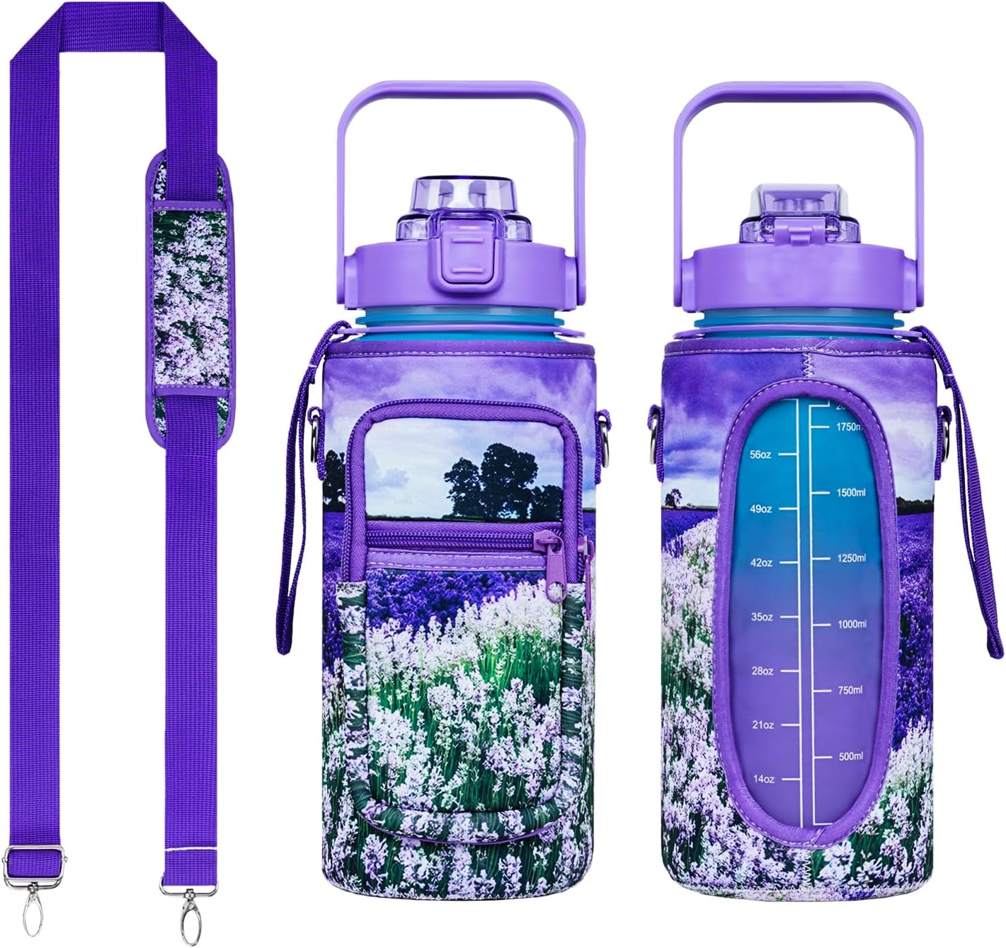 Lavender Half Gallon Water Bottle with Sleeve - BPA Free Water Bottle 64 OZ - with Time Marker Leakproof Water Jug - Motivational Workout Water Bottle for Office Gym Outdoor Hiking Travel