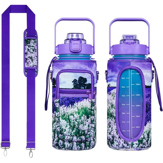 Lavender Half Gallon Water Bottle with Sleeve - BPA Free Water Bottle 64 OZ - with Time Marker Leakproof Water Jug - Motivational Workout Water Bottle for Office Gym Outdoor Hiking Travel