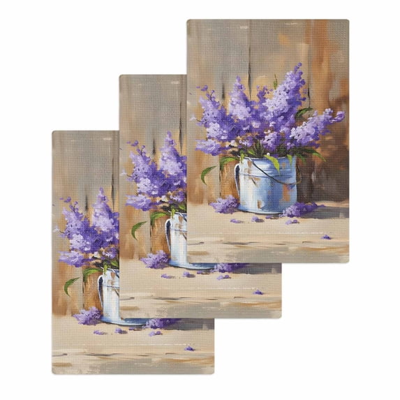 Lavender Hand Towels Set, Waffle Weave Kitchen Towels 3 Pieces, Spring Floral Purple Watercolor Vintage Microfiber Hair Face Bath Tea Towel Absorbent Quick Drying Cleaning Dish Cloths, 15.7"x23.6"