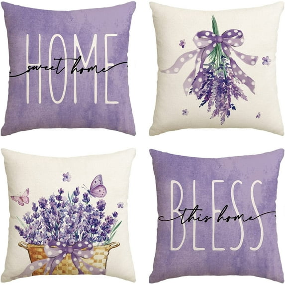Lavender Home Sweet Home Bless This Home Spring Throw Pillow Covers, 18 x 18 Inch Purple Cushion Case for Sofa Couch Set of 4