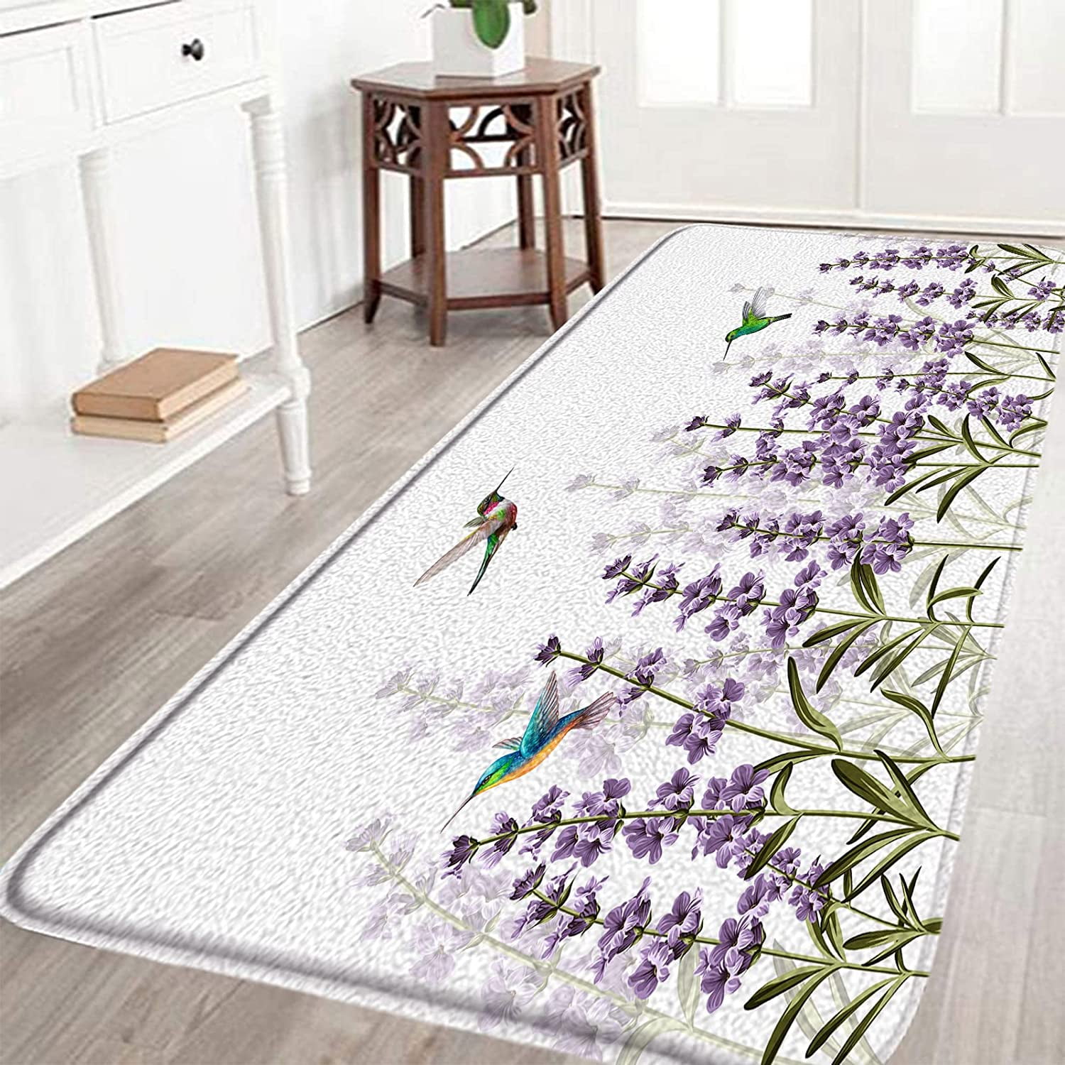 Lavender Hummingbird Bath Mat Spring Floral Purple Wild Flowers Bird Watercolor Flower Garden Romantic Valentine''s Day Bathroom Rug Kitchen Toilet Door Rugs Memory Foam 16 x 48 Inch