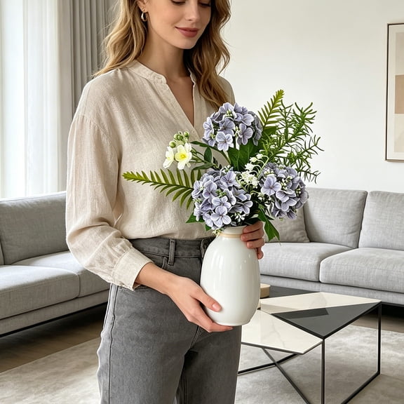 Lavender Hydrangea Artificial Bouquet with Fern & White Accent Flowers – Realistic Silk Flower Arrangement for Home, Wedding & Table Centerpiece Decor