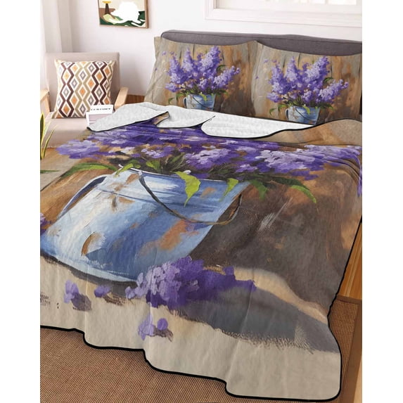 Lavender King Size Down Alternative Comforter, Lightweight Comforter Quilt Bedding Set with Pillow Shams Spring Floral Purple Watercolor Vintage All Seasons Bed Comforter Duvet Insert 96"x106"