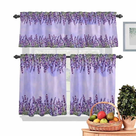 Lavender Kitchen Curtains Valances 3 Piece Set, Spring Purple Flowers Watercolor Style Rod Pocket Tier Curtain and Valance Drapes for Small Window 36 Inch Length for Bedroom Cafe