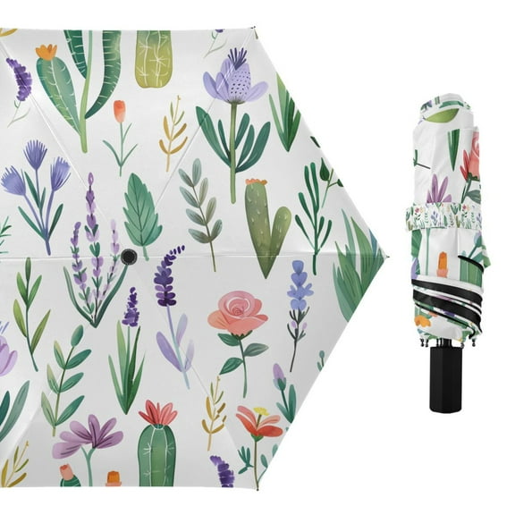 Lavender Leaves Cactus Compact Sun Umbrella Windproof Travel Umbrellas for Rain Strong Portable UV Protection