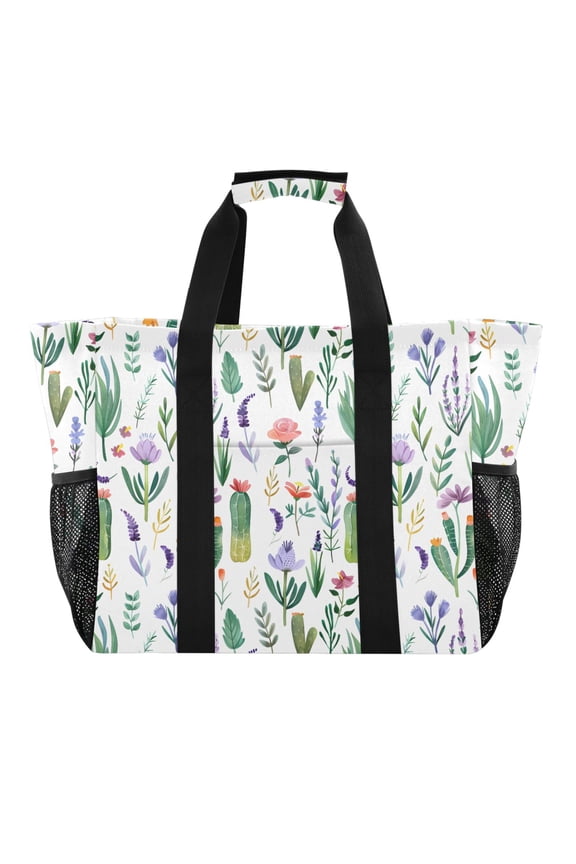 Lavender Leaves Cactus Reusable Grocery Bags with Handle Side Pocket Waterproof Shopping Portable Tote