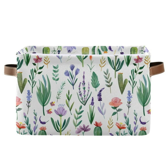 Lavender Leaves Cactus Storage Bins with Handle Fabric Organizer Basket Foldable Box 1 Pack 14.2x10.2x8.3